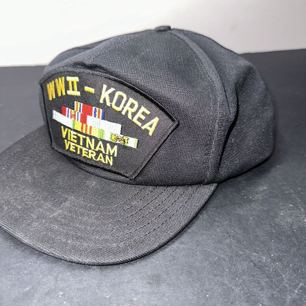 WWII - Korea‎ Veteran Hat, HMC Cap, One Size, Black, Embroidered, Snapback